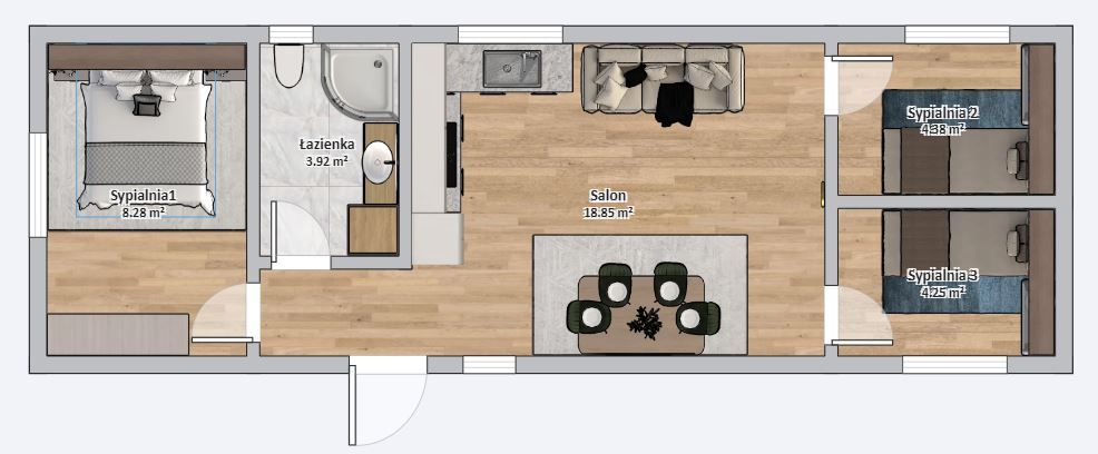 Dom modułowy 4m x 12m Wariant D - Plan z meblami Dom modułowy 4m x 12m Wariant D - Plan z meblami
