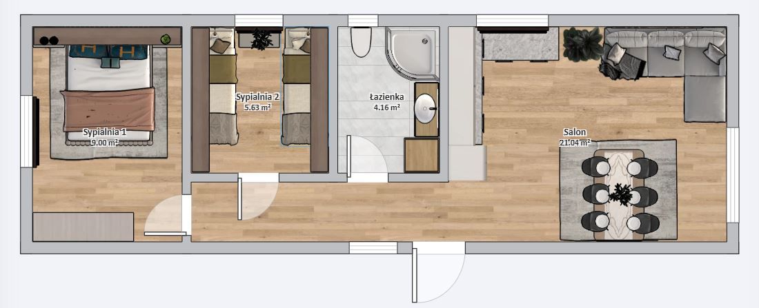 Dom modułowy Apollo 4m x 12m Wariant A - plan z meblami Dom modułowy Apollo 4m x 12m Wariant A - plan z meblami