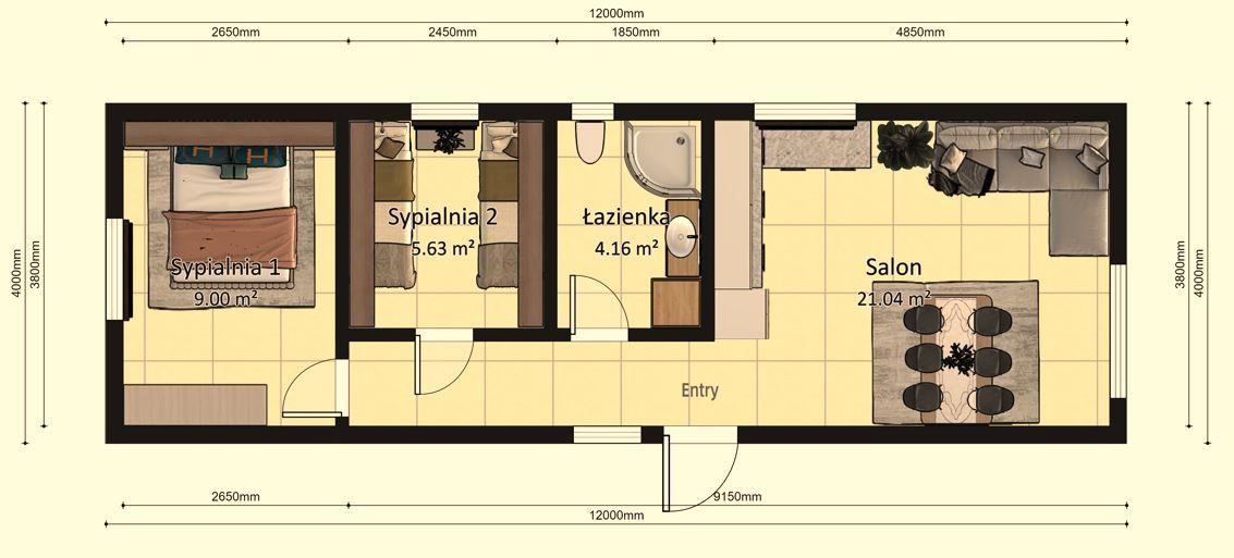 Dom modułowy APOLLO 4m x 12m Wariant A - Plan z wymiarami Dom modułowy APOLLO 4m x 12m Wariant A - Plan z wymiarami