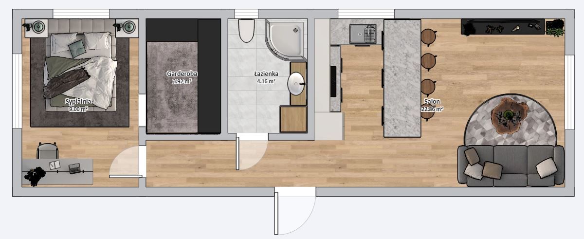 Dom modułowy Apollo 4m x 12m Wariant B - Plan z meblami Dom modułowy Apollo 4m x 12m Wariant B - Plan z meblami
