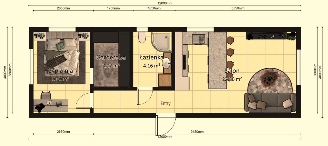 Dom modułowy Apollo 4m x 12m Wariant B - Plan z wymiarami Dom modułowy Apollo 4m x 12m Wariant B - Plan z wymiarami