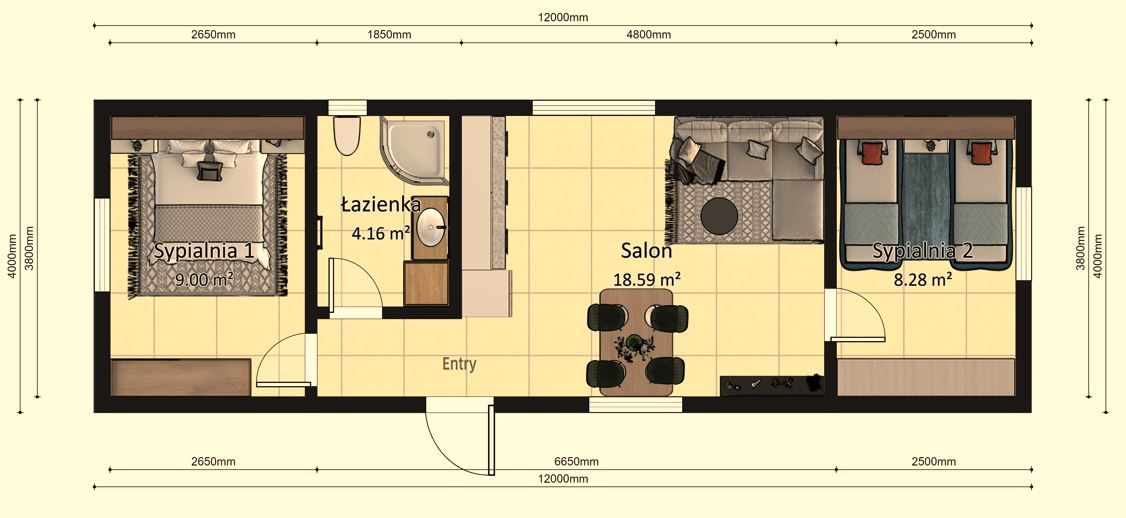Dom modułowy Apollo 4m x 12m Wariant C - Plan z wymiarami Dom modułowy Apollo 4m x 12m Wariant C - Plan z wymiarami
