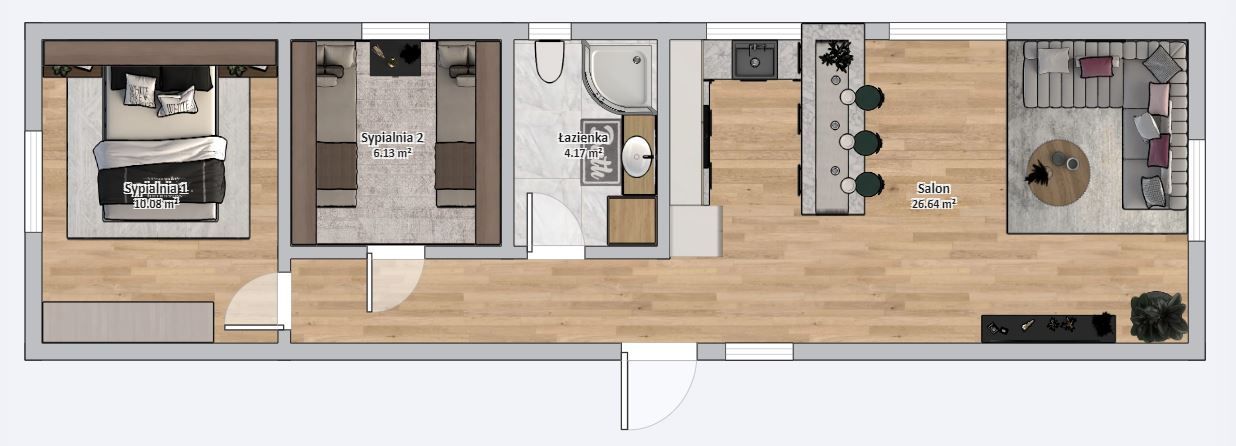 Dom modułowy POSEJDON 4m x 14m Wariant A - Plan z meblami Dom modułowy POSEJDON 4m x 14m Wariant A - Plan z meblami