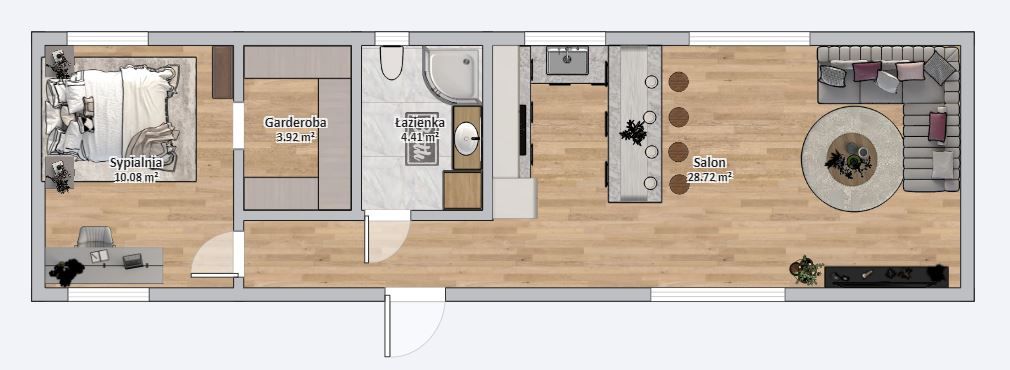 Dom modułowy POSEJDON 4m x 14m Wariant B - Plan z meblami Dom modułowy POSEJDON 4m x 14m Wariant B - Plan z meblami