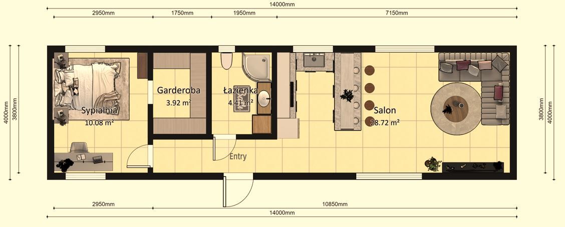 Dom modułowy POSEJDON 4m x 14m Wariant B - Plan z wymiarami Dom modułowy POSEJDON 4m x 14m Wariant B - Plan z wymiarami