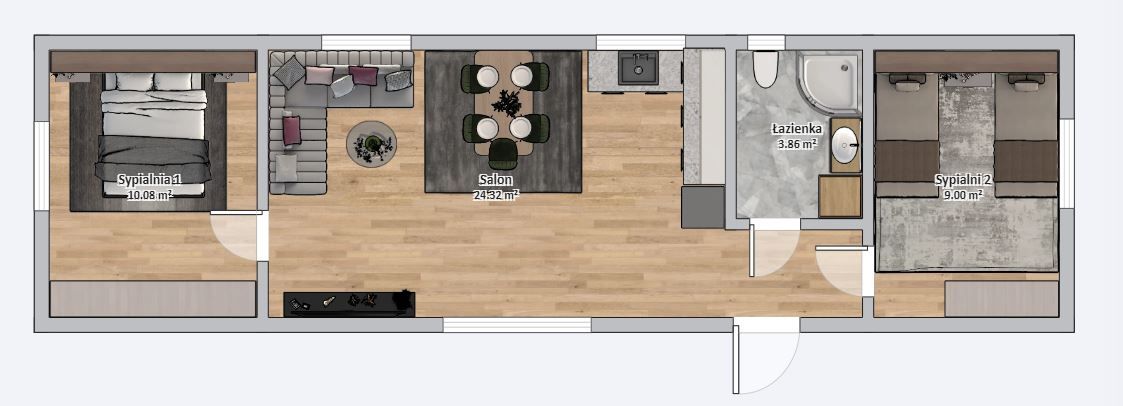Dom modułowy POSEJDON 4m x 14m Wariant C - Plan z meblami Dom modułowy POSEJDON 4m x 14m Wariant C - Plan z meblami