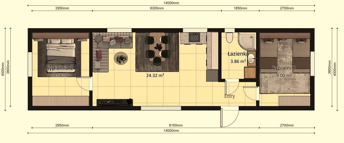 Dom modułowy POSEJDON 4m x 14m Wariant C - Plan z wymiarami Dom modułowy POSEJDON 4m x 14m Wariant C - Plan z wymiarami