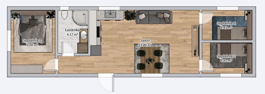 Dom modułowy POSEJDON 4m x 14m Wariant D - Plan z meblami Dom modułowy POSEJDON 4m x 14m Wariant D - Plan z meblami