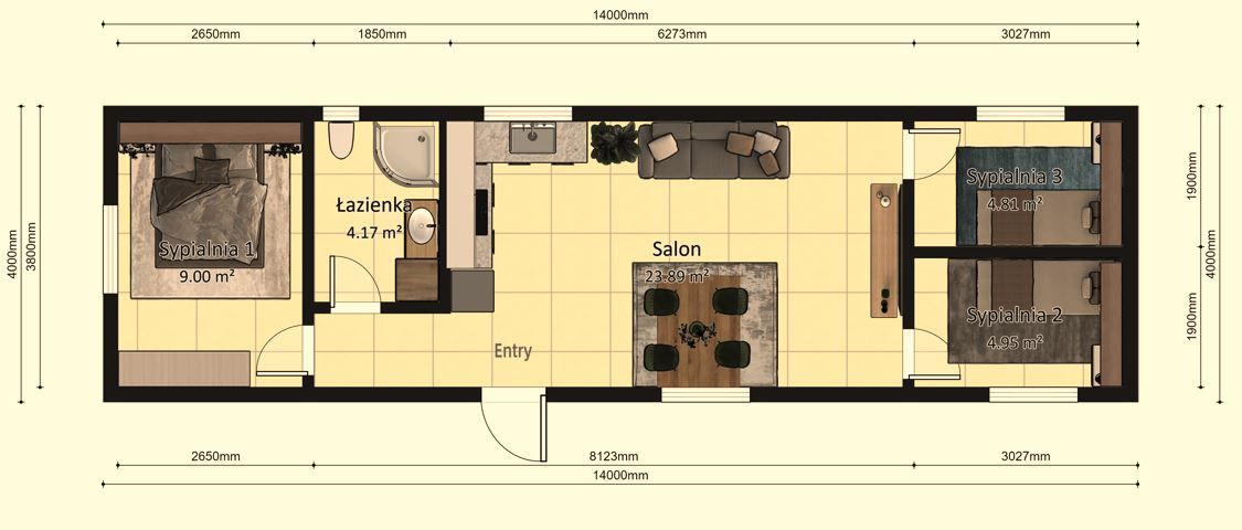 Dom modułowy POSEJDON 4m x 14m Wariant D - Plan z wymiarami Dom modułowy POSEJDON 4m x 14m Wariant D - Plan z wymiarami