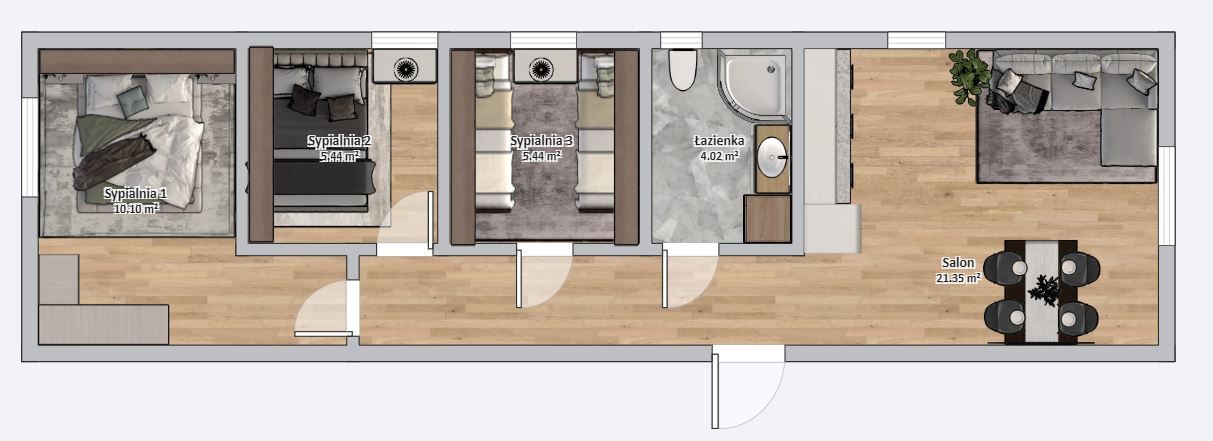 Dom modułowy POSEJDON 4m x 14m Wariant E - Plan z meblami Dom modułowy POSEJDON 4m x 14m Wariant E - Plan z meblami