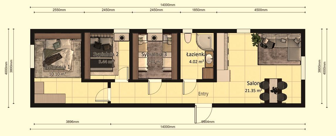 Dom modułowy POSEJDON 4m x 14m Wariant E - Plan z wymiarami Dom modułowy POSEJDON 4m x 14m Wariant E - Plan z wymiarami