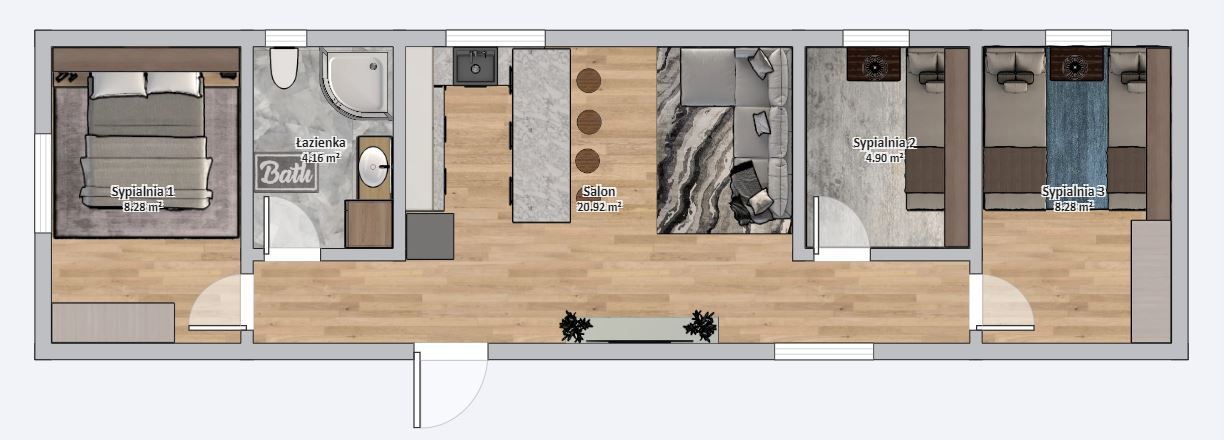 Dom modułowy POSEJDON 4m x 14m Wariant F - Plan z meblami Dom modułowy POSEJDON 4m x 14m Wariant F - Plan z meblami