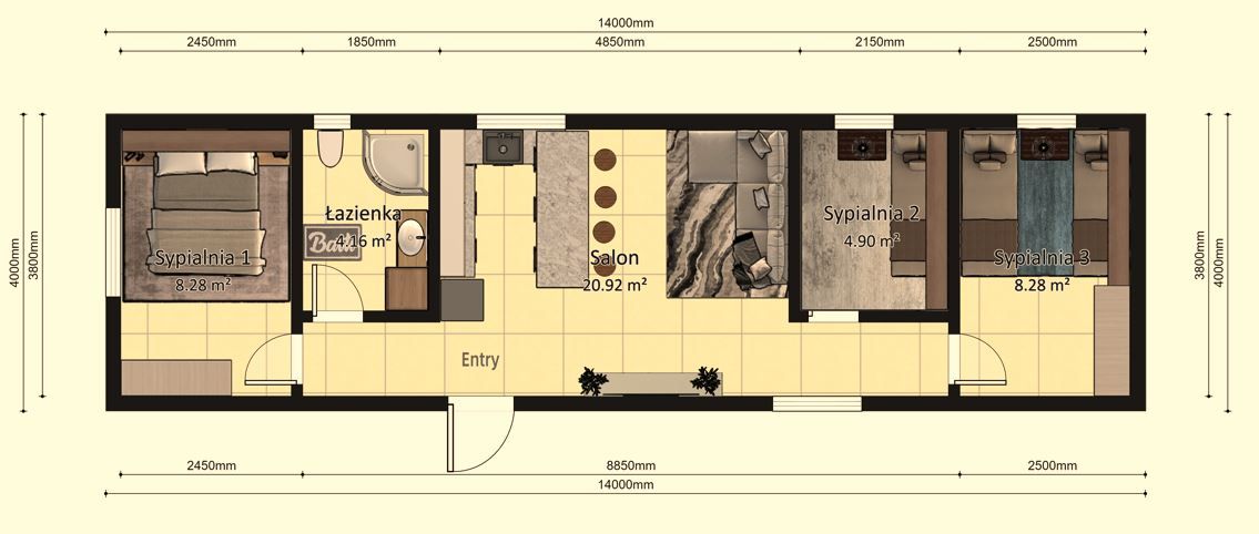 Dom modułowy POSEJDON 4m x 14m Wariant F - Plan z wymiarami Dom modułowy POSEJDON 4m x 14m Wariant F - Plan z wymiarami