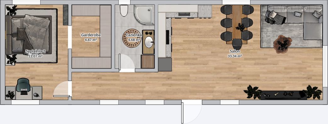 Dom Modułowy ZEUS 4.5m x 14m Wariant B - Plan z meblami Dom Modułowy ZEUS 4.5m x 14m Wariant B - Plan z meblami