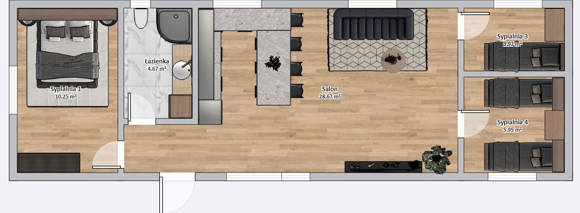 Dom Modułowy ZEUS 4.5m x 14m Wariant D - Plan z meblami Dom Modułowy ZEUS 4.5m x 14m Wariant D - Plan z meblami