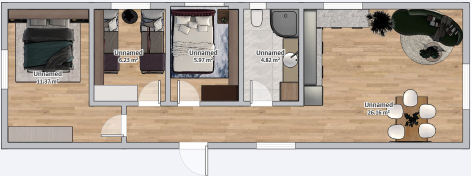 Dom Modułowy ZEUS 4.5m x 14m Wariant E - Plan z meblami Dom Modułowy ZEUS 4.5m x 14m Wariant E - Plan z meblami<br />