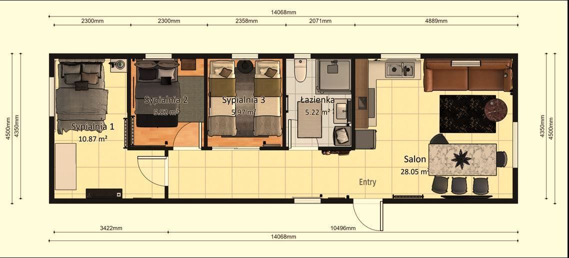 Dom Modułowy ZEUS 4.5m x 14m Wariant E - Plan z wymiarami Dom Modułowy ZEUS 4.5m x 14m Wariant E - Plan z wymiarami