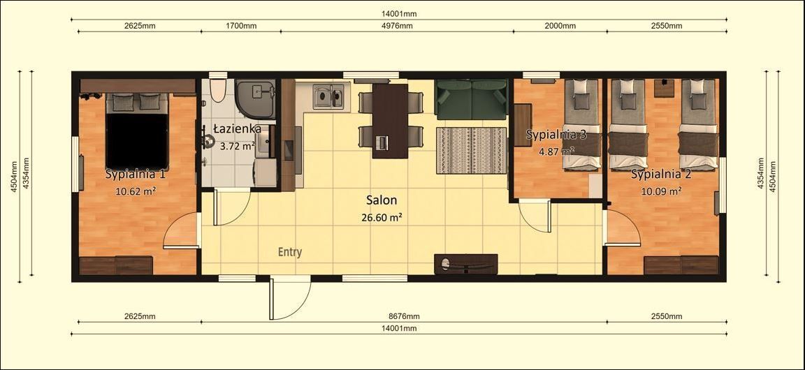 Dom Modułowy ZEUS 4.5m x 14m Wariant F - Plan z wymiarami Dom Modułowy ZEUS 4.5m x 14m Wariant F - Plan z wymiarami