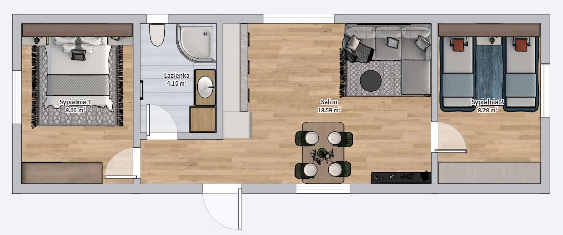 Domek modułowy 4m x 12m Wariant C - Plan z meblami Domek modułowy 4m x 12m Wariant C - Plan z meblami
